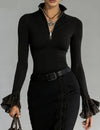 Lace-Trim Stand Collar Zip-Up Top