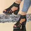 Openwork Hollow-Cut Vintage High-Heel Sandals with Back Zipper