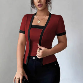 Contrast-Color Mock Two-Piece Knit Top