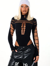 Y2K High-Neck Hollow-Out Bodysuit with Lace-Up Mesh Sleeves