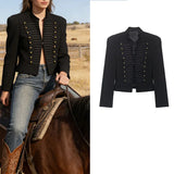 Rope-Braided Epaulette Cropped Blazer | Gold Button Double-Breasted Jacket