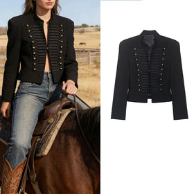Rope-Braided Epaulette Cropped Blazer | Gold Button Double-Breasted Jacket