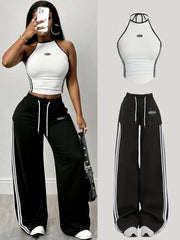 Halter Striped Crop Top & Wide Leg Pants Set | Two-Piece | SheRoar