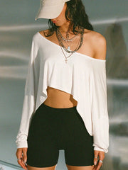 Off-Shoulder Y2K Crop Top — Long Sleeve Loose Fit
