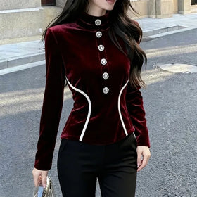 Velvet Stand-Collar Button Shirt