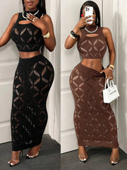 Mesh Hollow-Out Crop Tank & Bodycon Mini Skirt Set – 2-Piece Clubwear